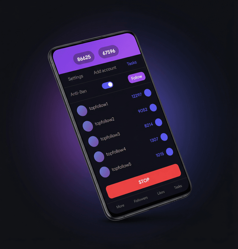 TopFollow APK app interface showing tasks, coin balance, follower accounts and order screen on Android